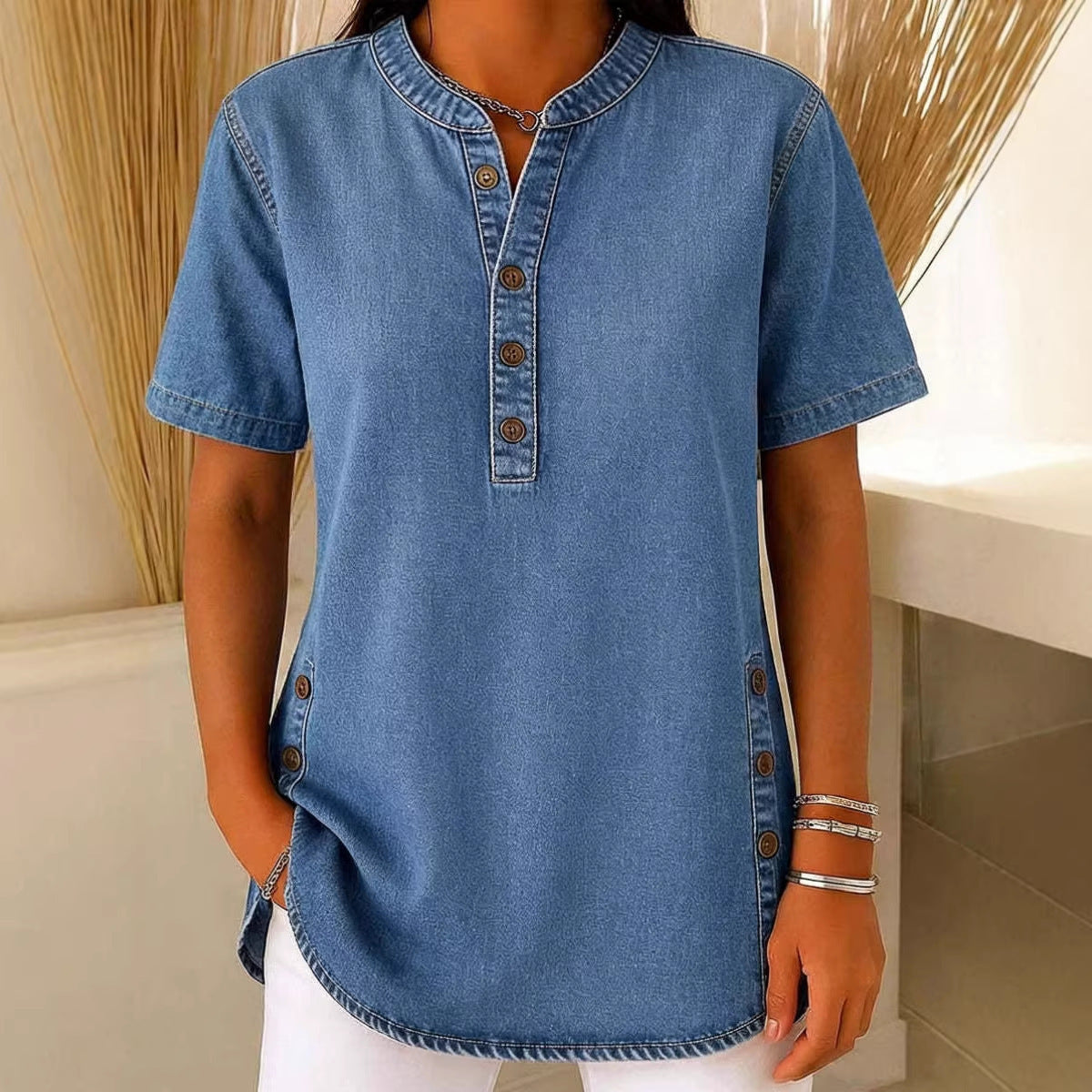 Women’s V-Neck Denim Button-Up