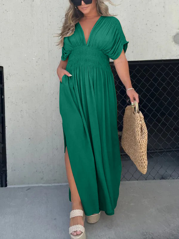 Women's Slit V-Neck Effortless Maxi Long Dress
