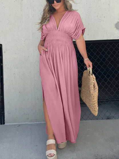Women's Slit V-Neck Effortless Maxi Long Dress