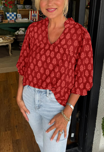 Women's V-neck Mid-sleeve Printed Shirt Top