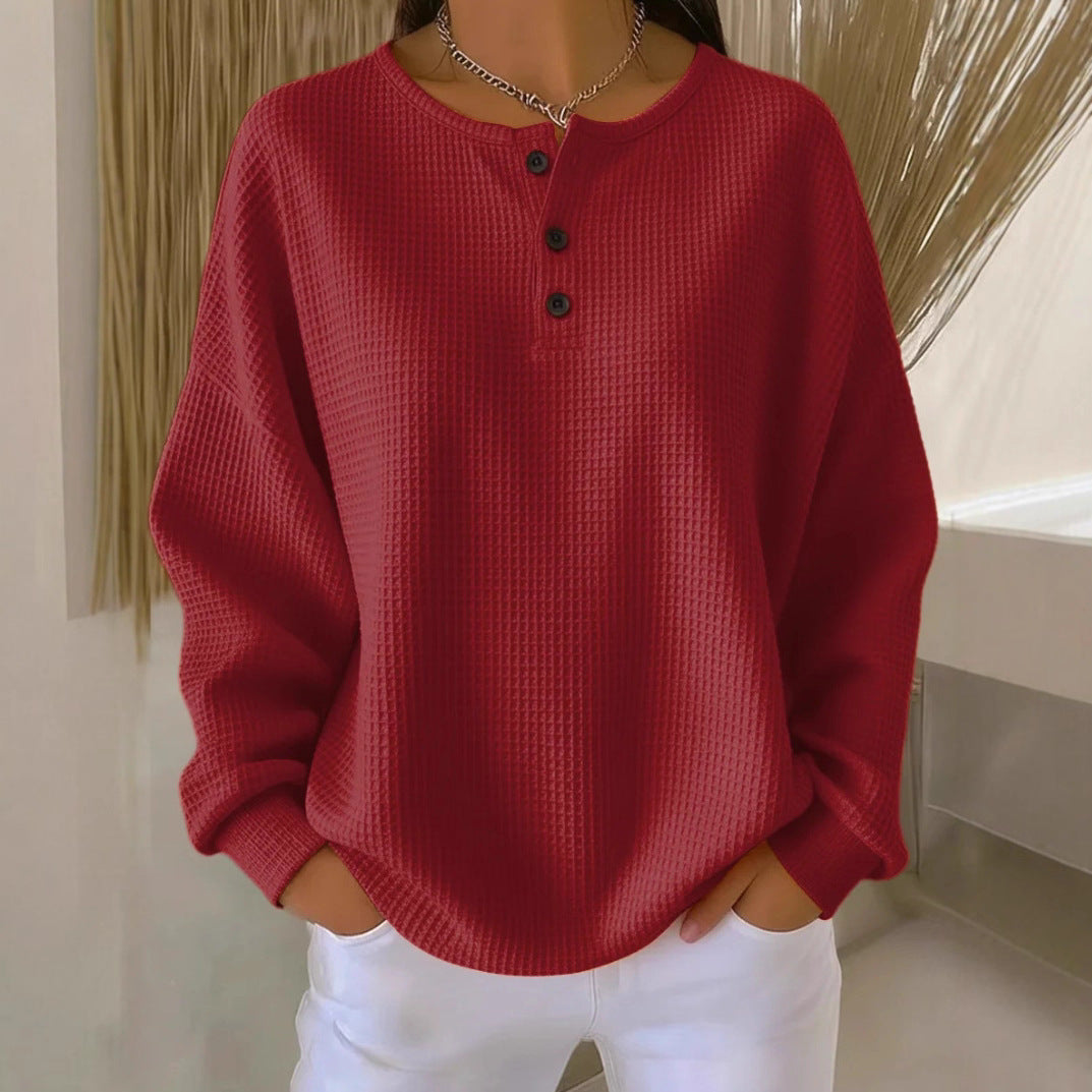 Casual Waffle Henry Collar Pullover