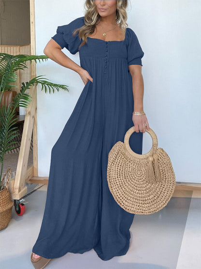 Women's Square Neckline Jumpsuit with Smocked Bodice Button