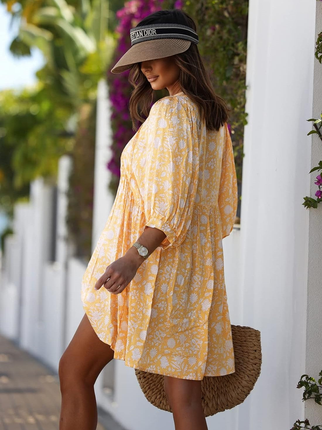 Women's V-Neck Half Sleeve Floral Tunic Short Dress