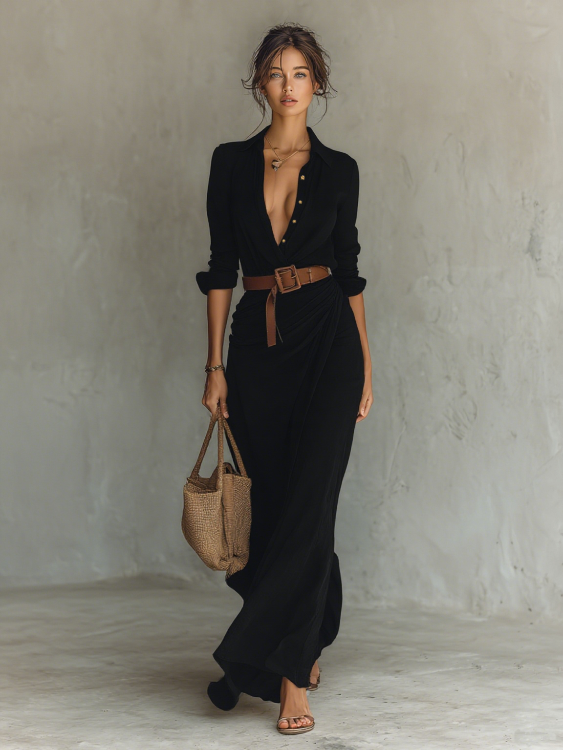 Women's Lapel Single Breasted Long Sleeve Belted Maxi Dress