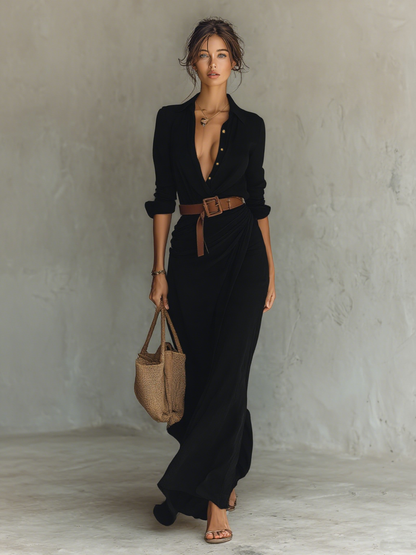 Women's Lapel Single Breasted Long Sleeve Belted Maxi Dress