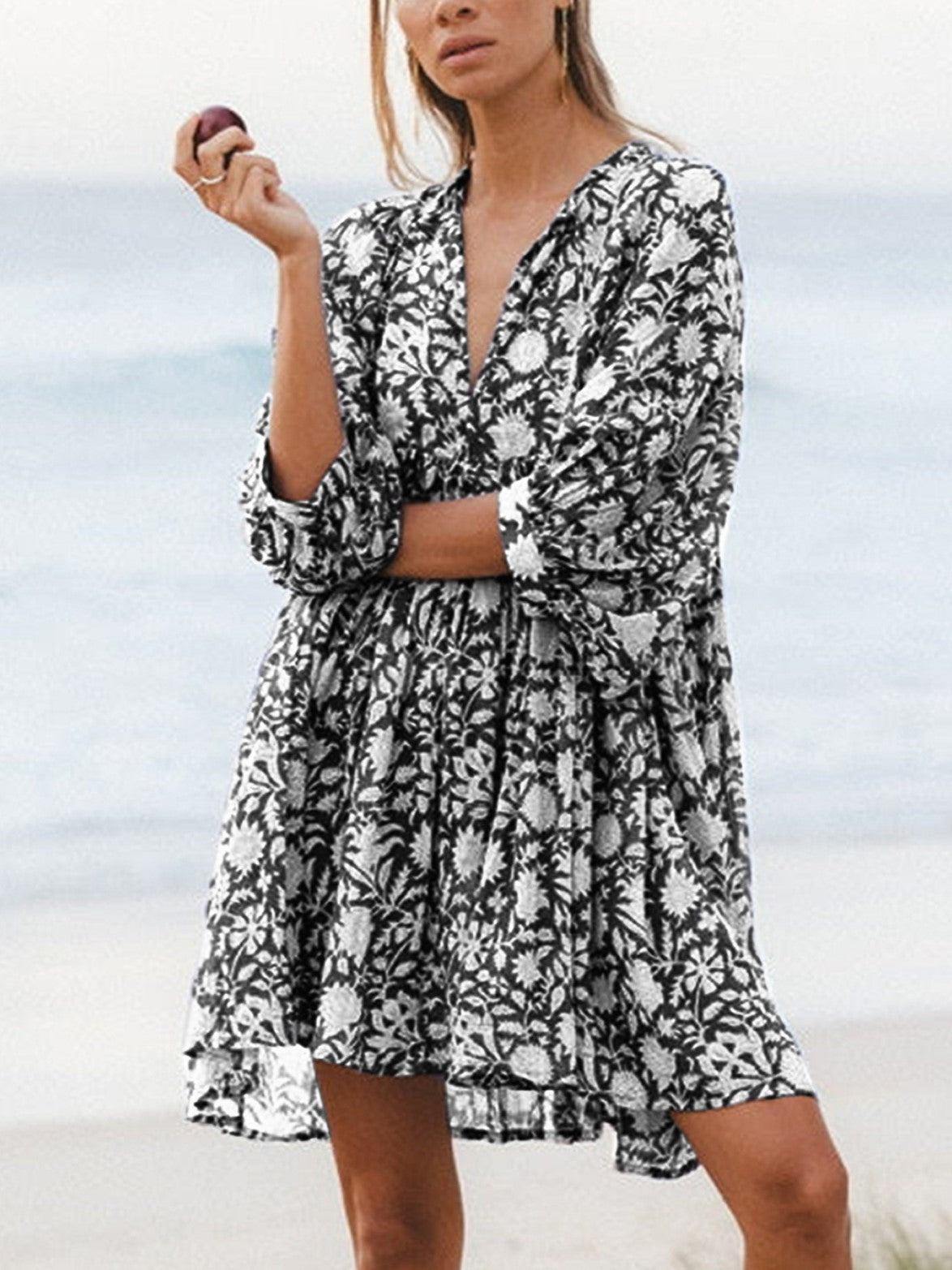 Women's V-Neck Half Sleeve Floral Tunic Short Dress