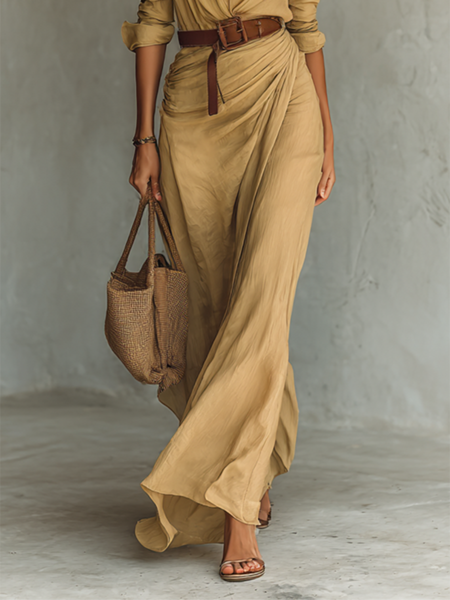 Women's Lapel Single Breasted Long Sleeve Belted Maxi Dress