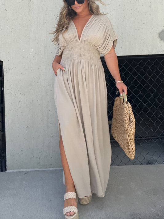 Women's Slit V-Neck Effortless Maxi Long Dress