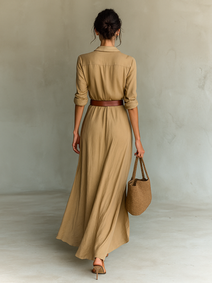 Women's Lapel Single Breasted Long Sleeve Belted Maxi Dress