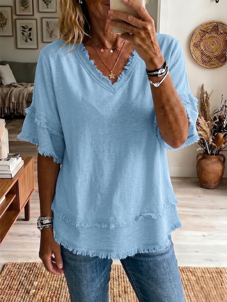 Casual Short-Sleeve Raw-Hem Top