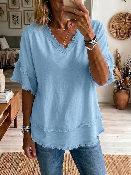 Casual Short-Sleeve Raw-Hem Top