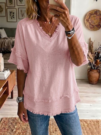 Casual Short-Sleeve Raw-Hem Top