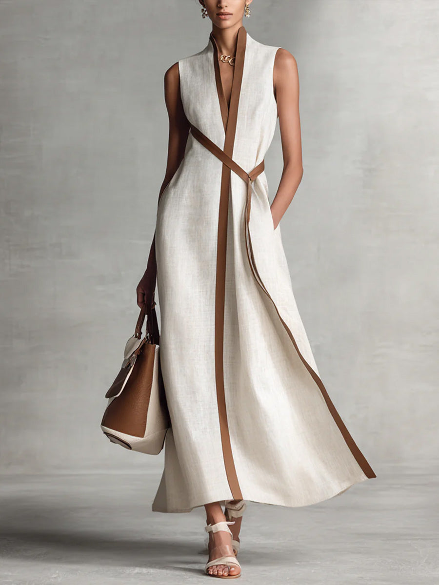 Women’s Stand-Up Collar Sleeveless Casual Loose Cotton and Linen Dress