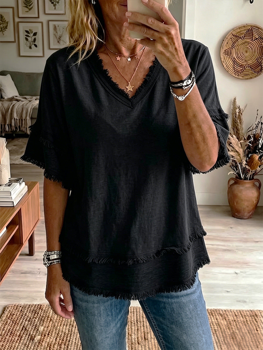 Casual Short-Sleeve Raw-Hem Top