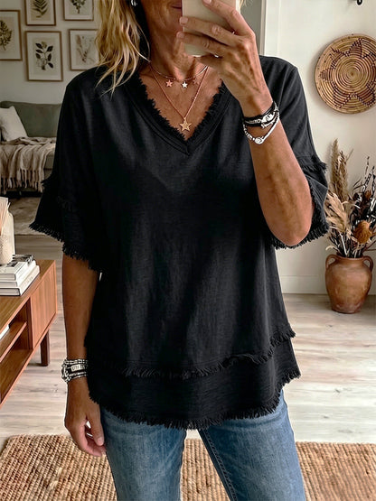 Casual Short-Sleeve Raw-Hem Top