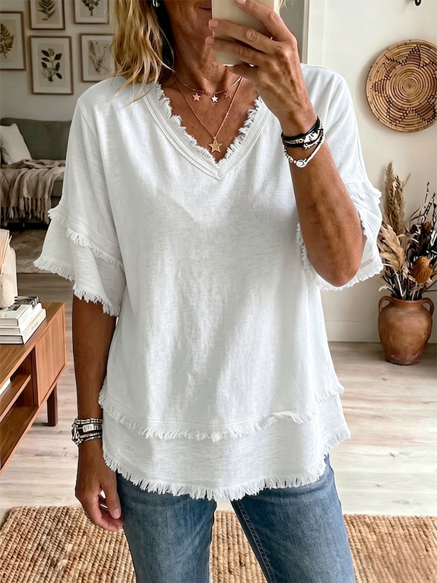 Casual Short-Sleeve Raw-Hem Top